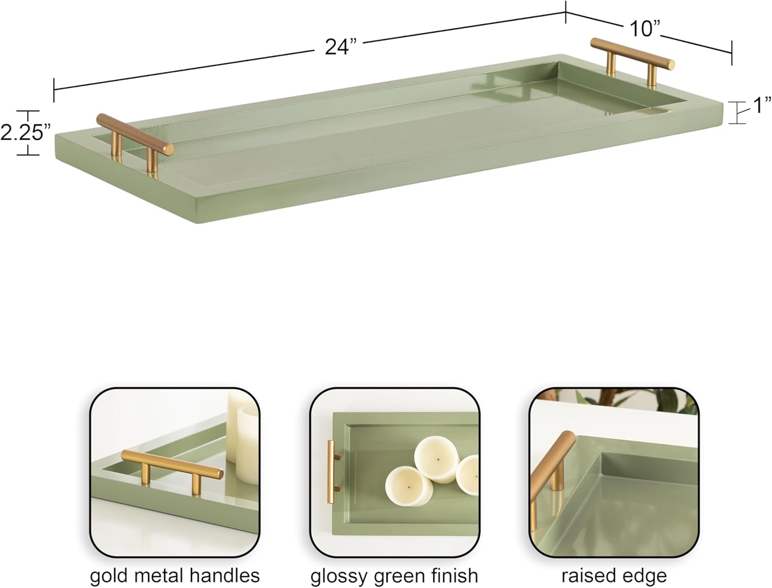 Kate and Laurel Halsey Rectangle Decorative Narrow Tray with Gold Metal Handles, 24 x 10, Green and Gold, Modern Glam Slim Serving Tray with Handles for Living Room Decor - Image 2