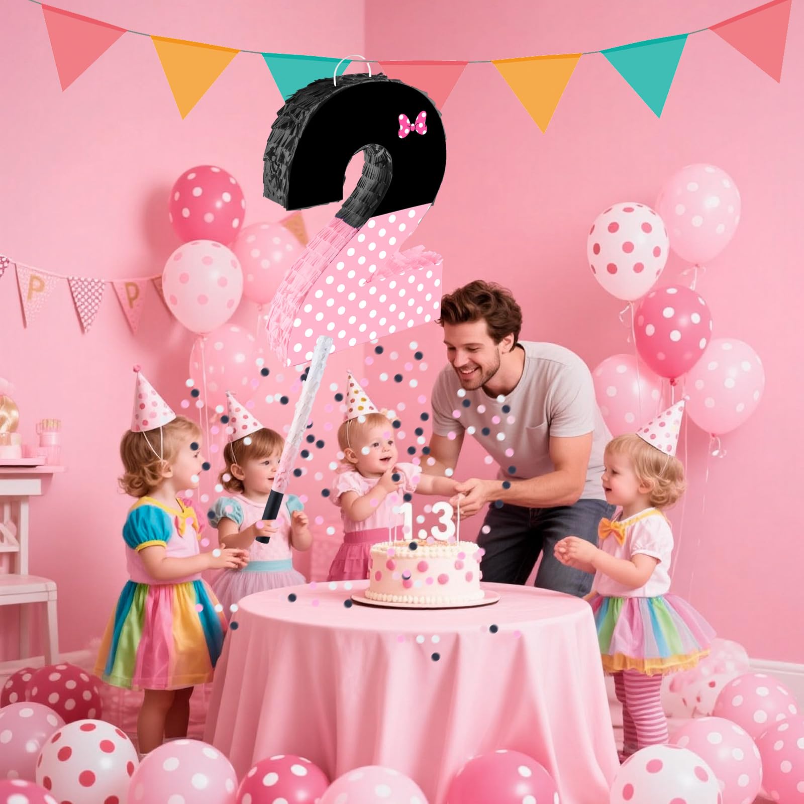 Piñata noire et rose avec nœud sur le thème du nœud, piñata à remplir avec bâton pour les yeux bandés de confettis pour filles et garçons (40 x 29 x 7,6 cm)