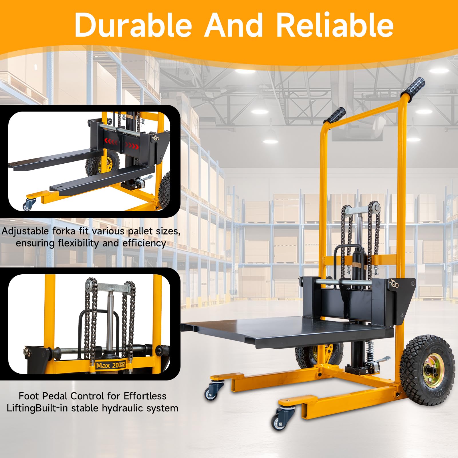 Apilador Hidráulico Plegable 200kg Elevador de Materiales, Transpaleta Manual 91cm Mesa Elevadora con Horquillas Ajustables y Plataforma Desmontable, Carro de Carga Manual para Almacén Taller | Horquillas regulables 18,5–50,5 cm, pedal de pie suave, doble
