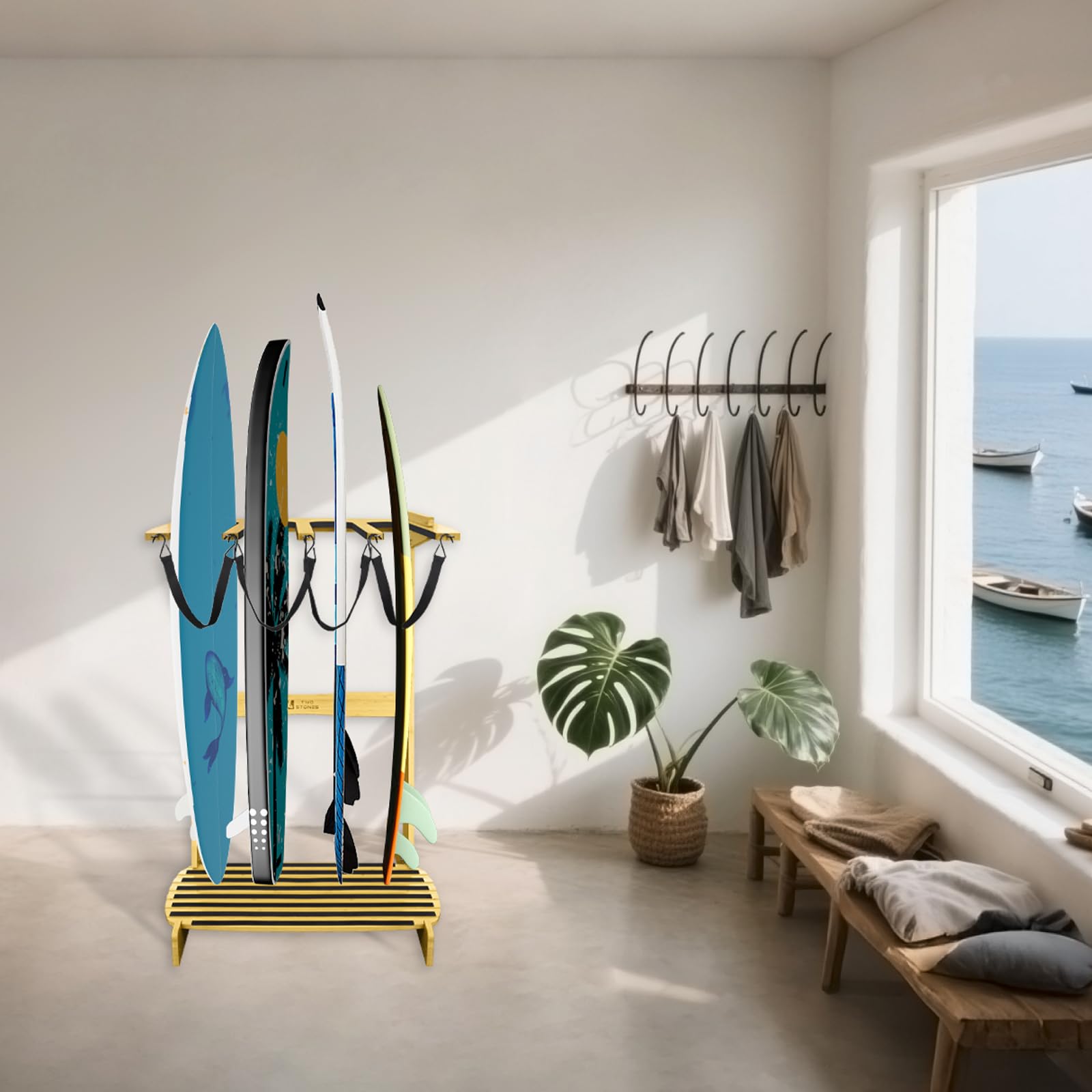 TWO STONES Support vertical pour planche de surf – Support mural libre pour planche de surf shortboard, paddle, snowboard, skateboard, ski et wakeboard (4 planches)