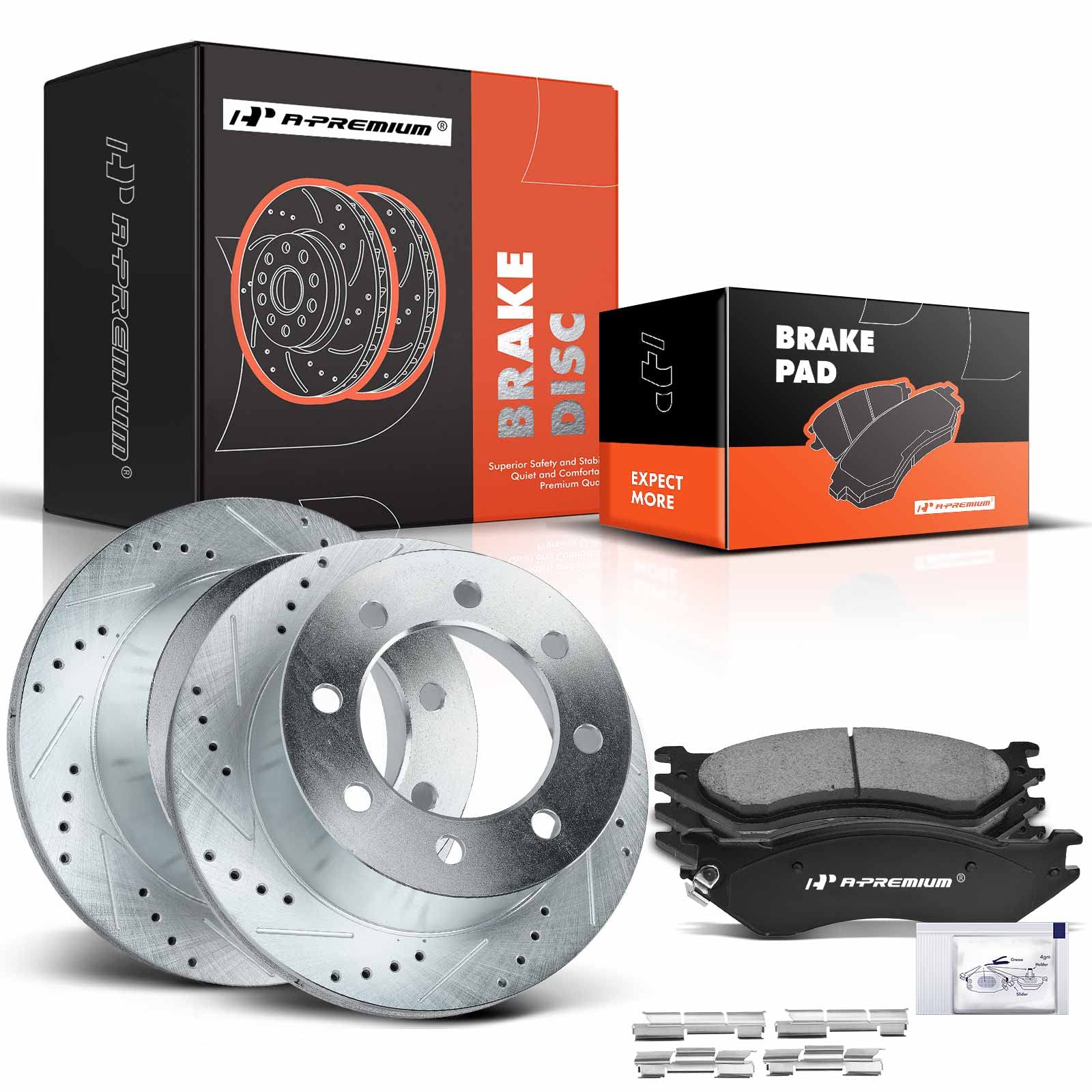A-Premium 12.74 inch (323.4mm) Rear Drilled and Slotted Disc Brake Rotors + Ceramic Pads Kit Compatible with Select Dodge Models - Ram 2500/Ram 3500 2001-2002, 2WD or 4WD, 6-PC Set
