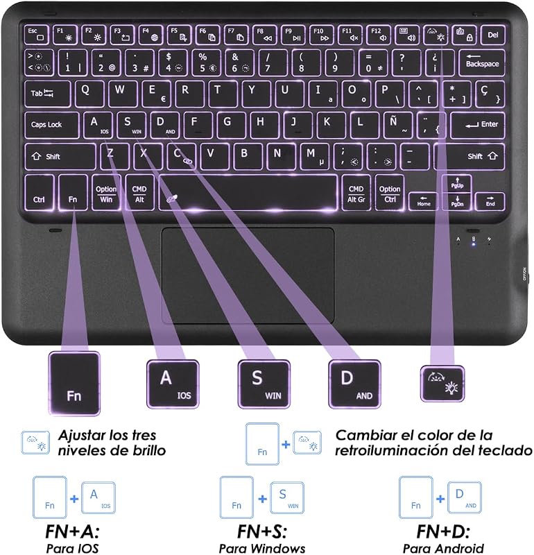 KOOCHUWAH Bluetooth Billentyűzet Touchpad Egérrel, LED Háttérvilágítás, 11 Szín, QWERTY