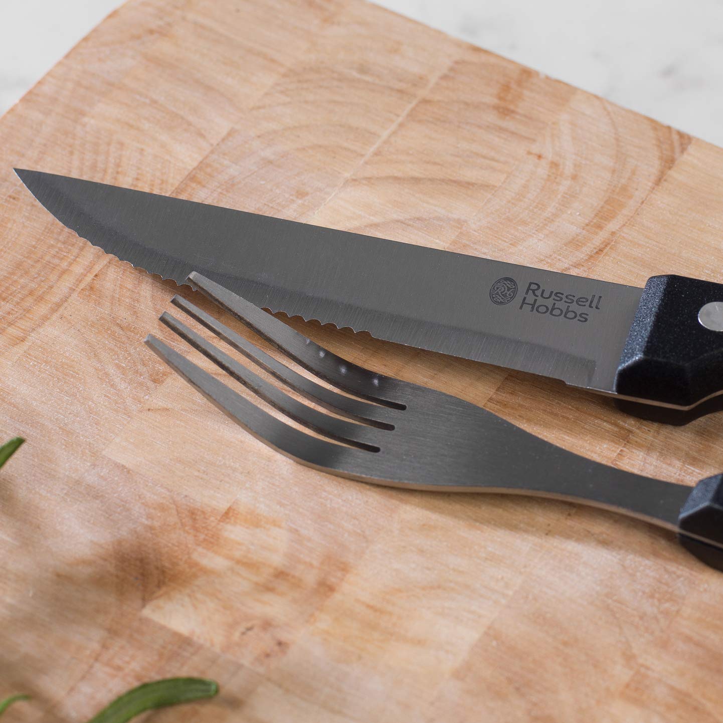 Russell Hobbs 24-tlg. Steakmesser- u. Gabel-Set, Besteckservice f. 6 Pers., Steakmesser u. Gabeln m. Edelstahlklingen, Wellenschliff, scharfe Fleischmesser, ergonomische Griffe, schwarz
