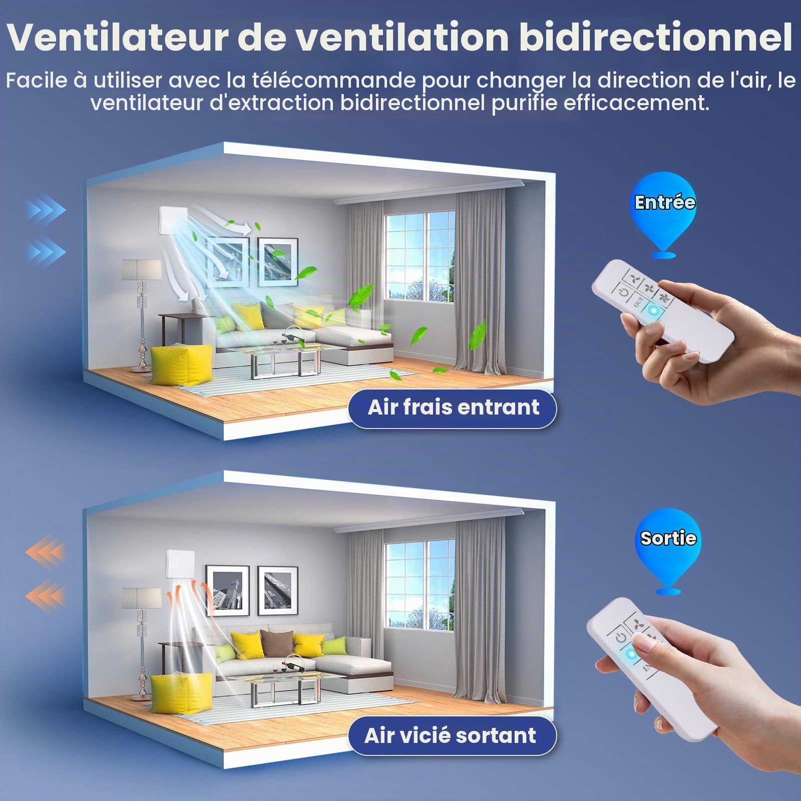 VMC Salle de Bain,100mm 130m³/h Extracteur d'air Salles de Bain avec Télécommande, 2 Directions, 3 Vitesses, Puissante Ventilation, pour Salle de Bain, Cuisine, WC, Garage