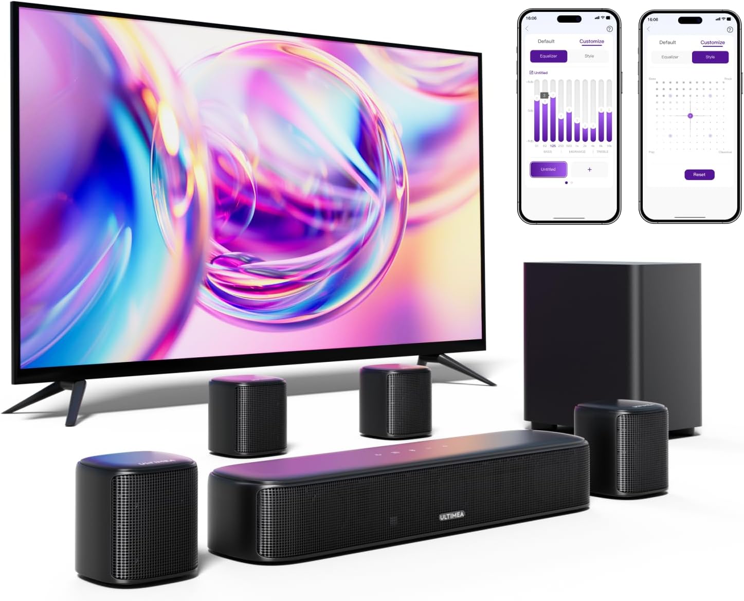 ULTIMEA 7.1CH Sound Bar with Subwoofer and Surround Speakers, 330W Peak Power, App & Remote Control, Home Audio System for TV, Bluetooth/Optical/AUX – Aura A40