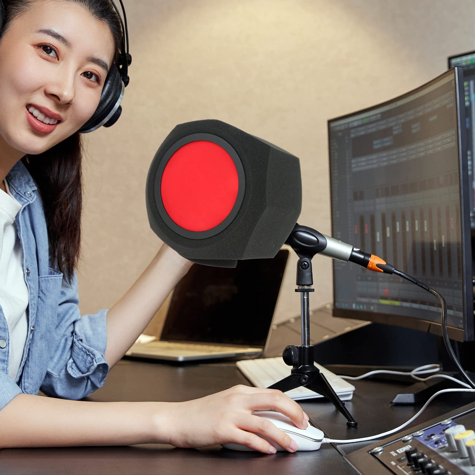 Vaveren Portable Recording Vocal Isolation Booth Microphone Pop Filter Shield Accessory, Standard Red