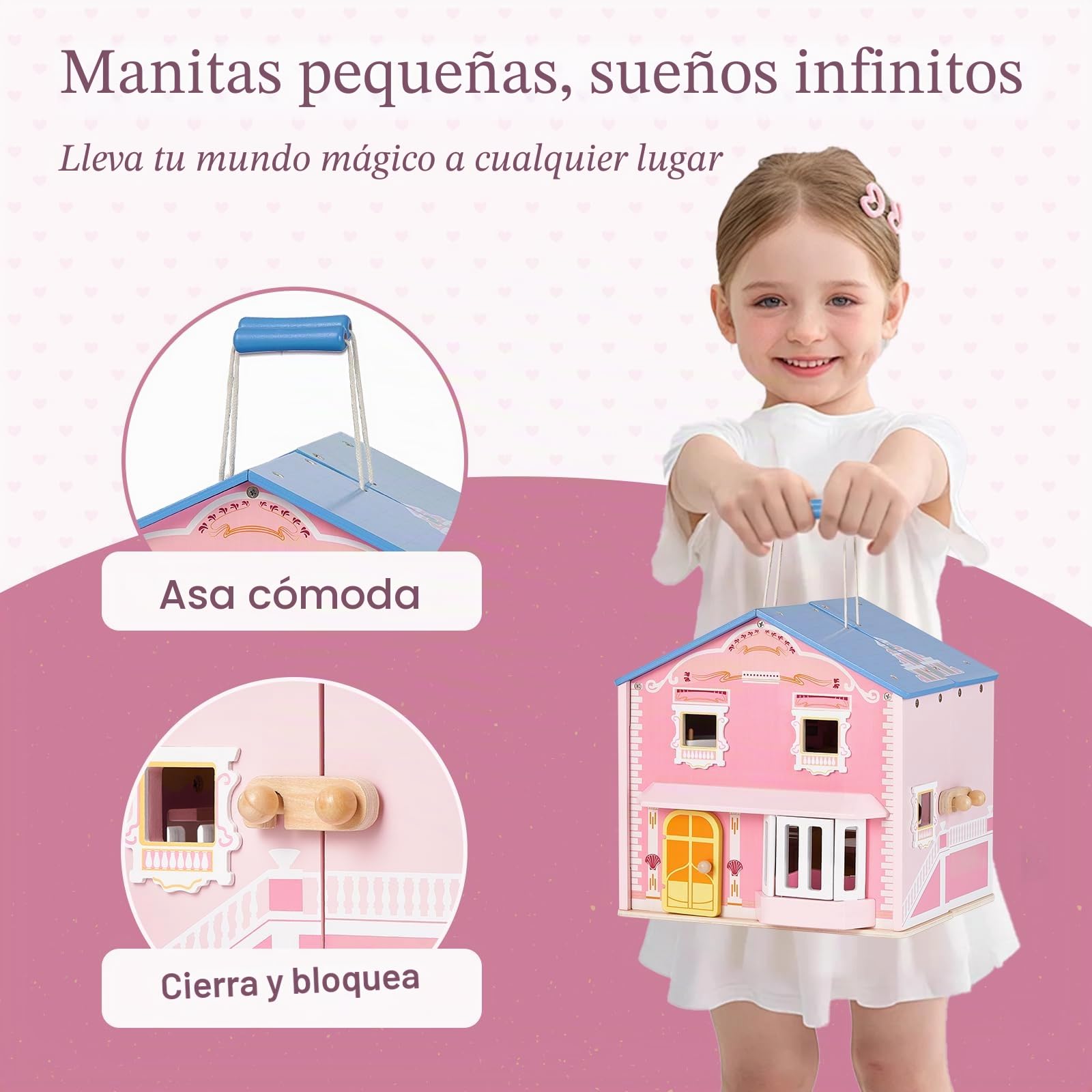 Giant Bean Exquisita casa de muñecas de Madera Rosa para niñas con 2 muñecas y 12 Muebles de Madera, Juego de casa de Juego Plegable y portátil con asa, Regalo de cumpleaños de Navidad para niñas a