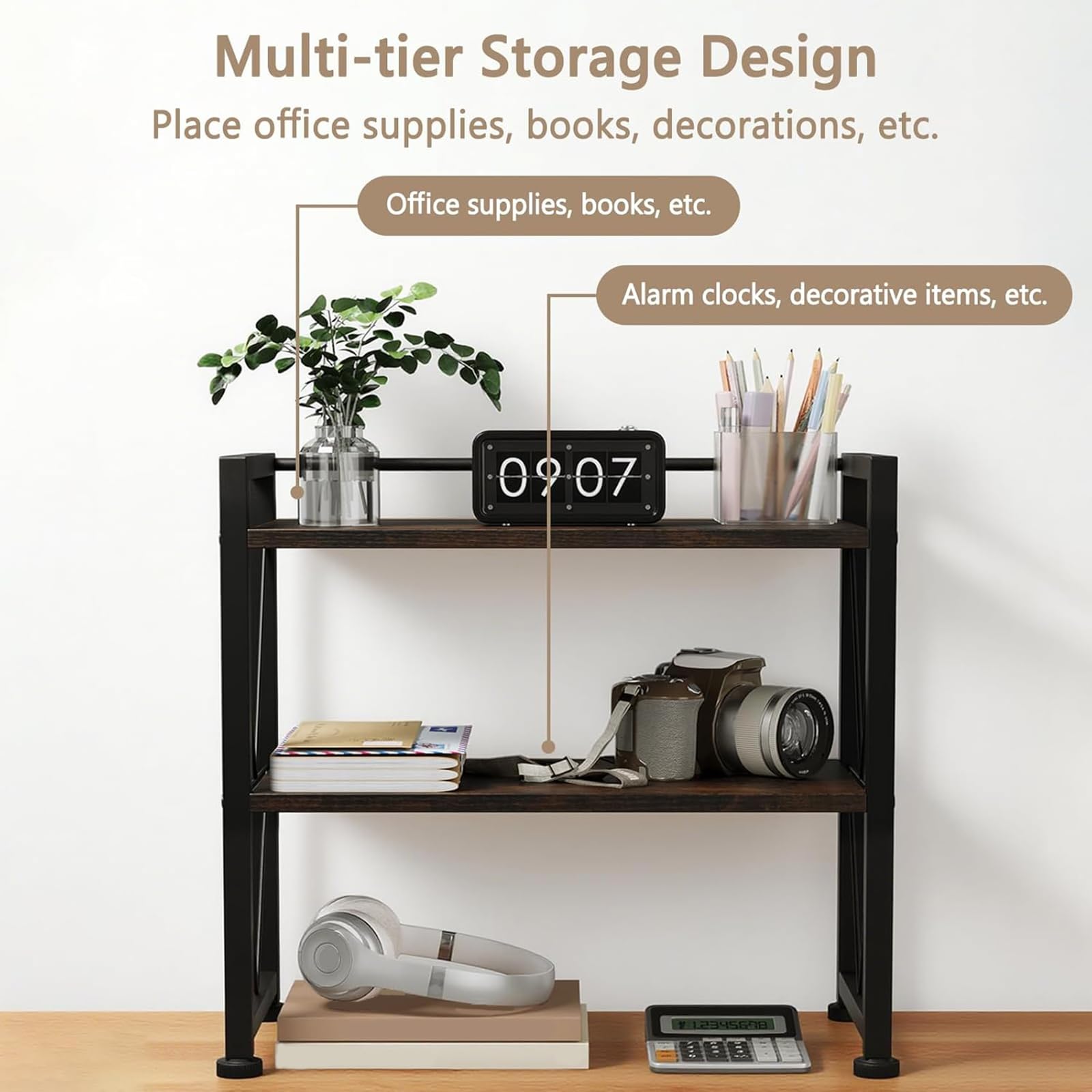Organizzatore per Scrivania VSIWB in Legno, Mini Mensola da Tavolo, Piccola Libreria a Scaffali Aperti, Mobiletto Compatto per Ufficio e Casa 41x20x37cm (Marrone)