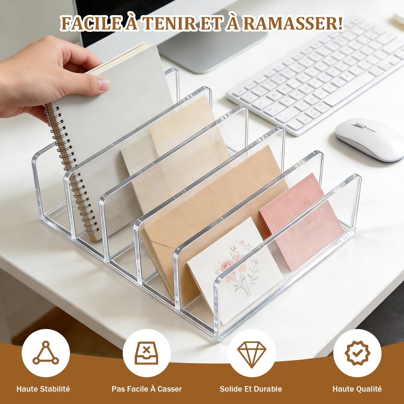 Organisateur de Bureau Acrylique 5 Compartiments Range Document Corbeille à Courrier