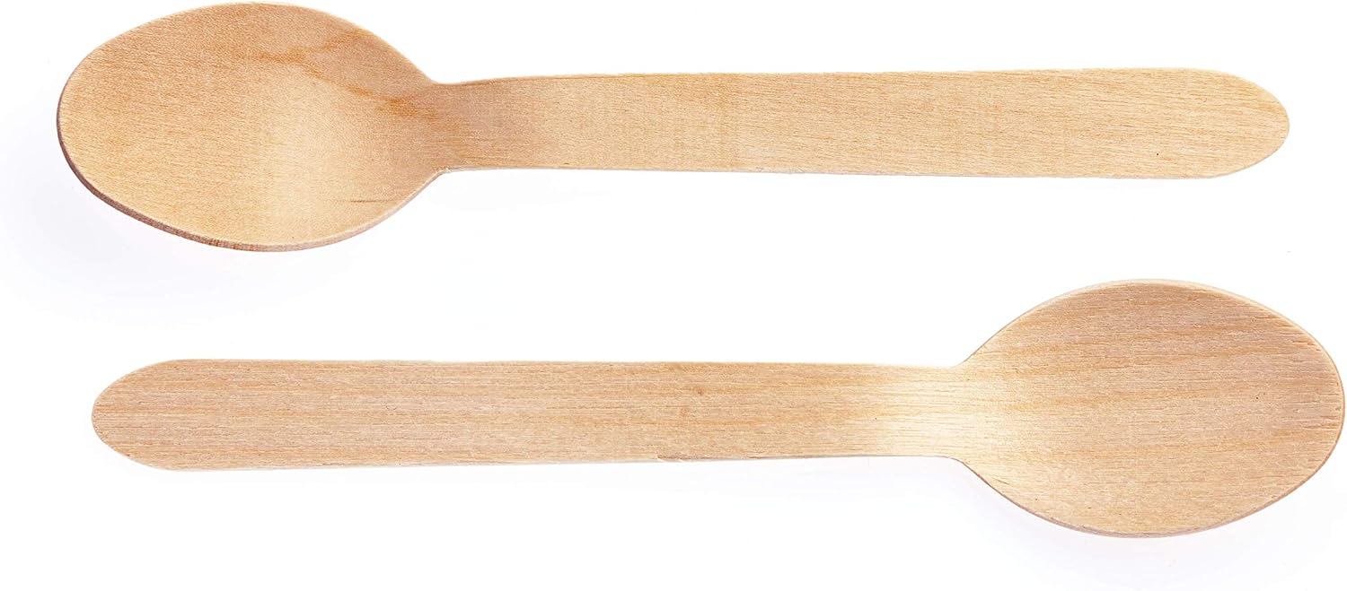 Concession Essentials Disposable Wooden Cutlery Spoons, Compostable and Earth Friendly, 6.25 Inch Length - Pack of 100 Spoons