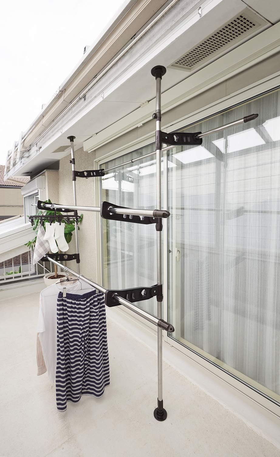 ベストコ ベランダ 突っ張り 物干し ブラウン ステンレス 取り付け高さ220~300cm たっぷり干せる3段タイプ ND-8443
