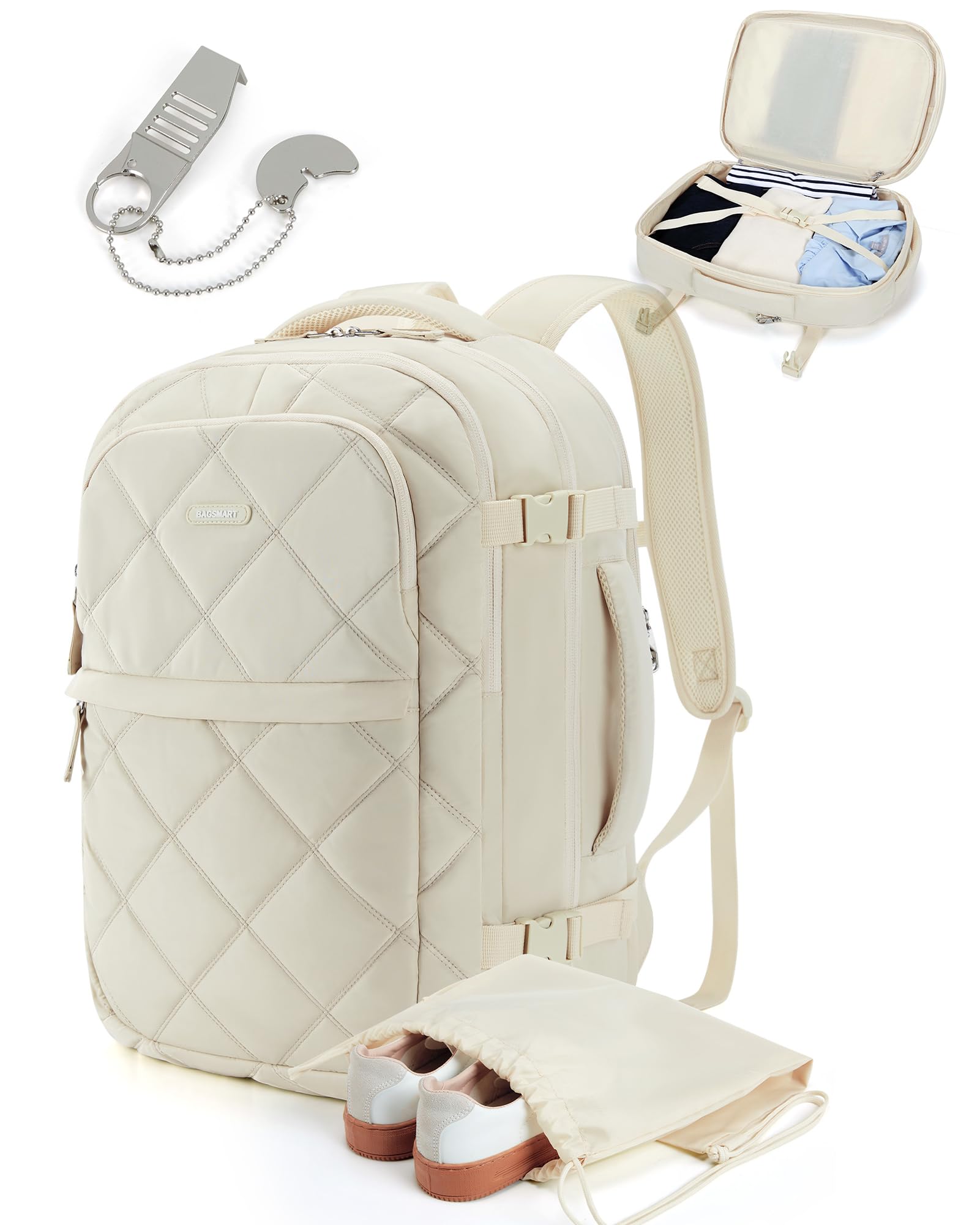 BAGSMART Carry On Travel Backpack, 30L Flight Approved Carry on Backpack with Door Lock, TSA Personal Item Backpack with 15.6 Inch Laptop Compartment & Shoe Bag, Weekender Suitcase for Travel, Beige