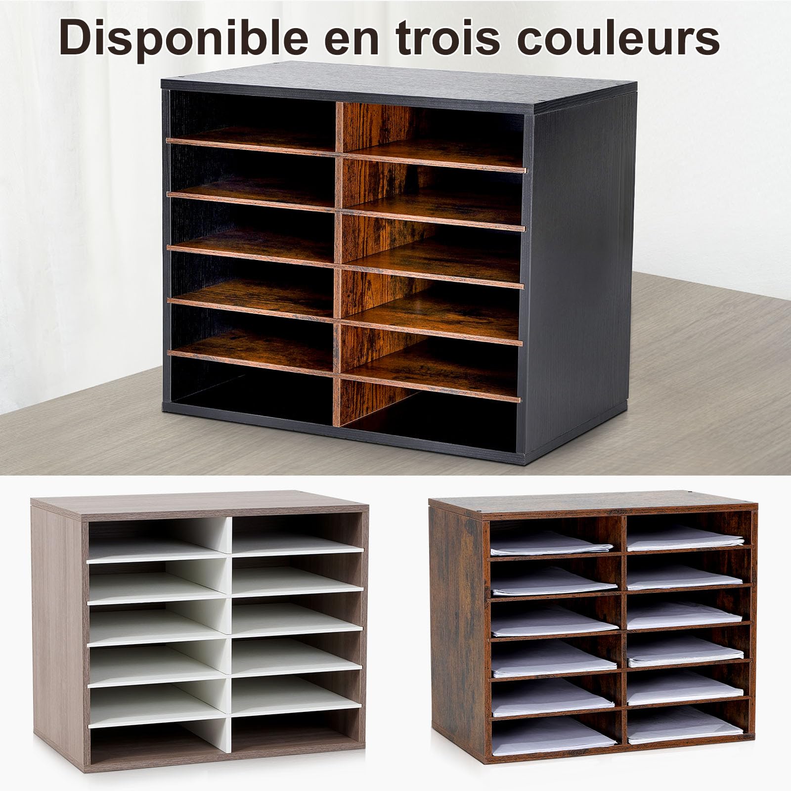 GUUSII HOME Organisateur de Bureau Bois Rangement Banette Casier Bannettes Classeur Bureau Range Trieur Document Papier Bureau avec 12 Compartiments Taille 48.9x40.9x30.5cm