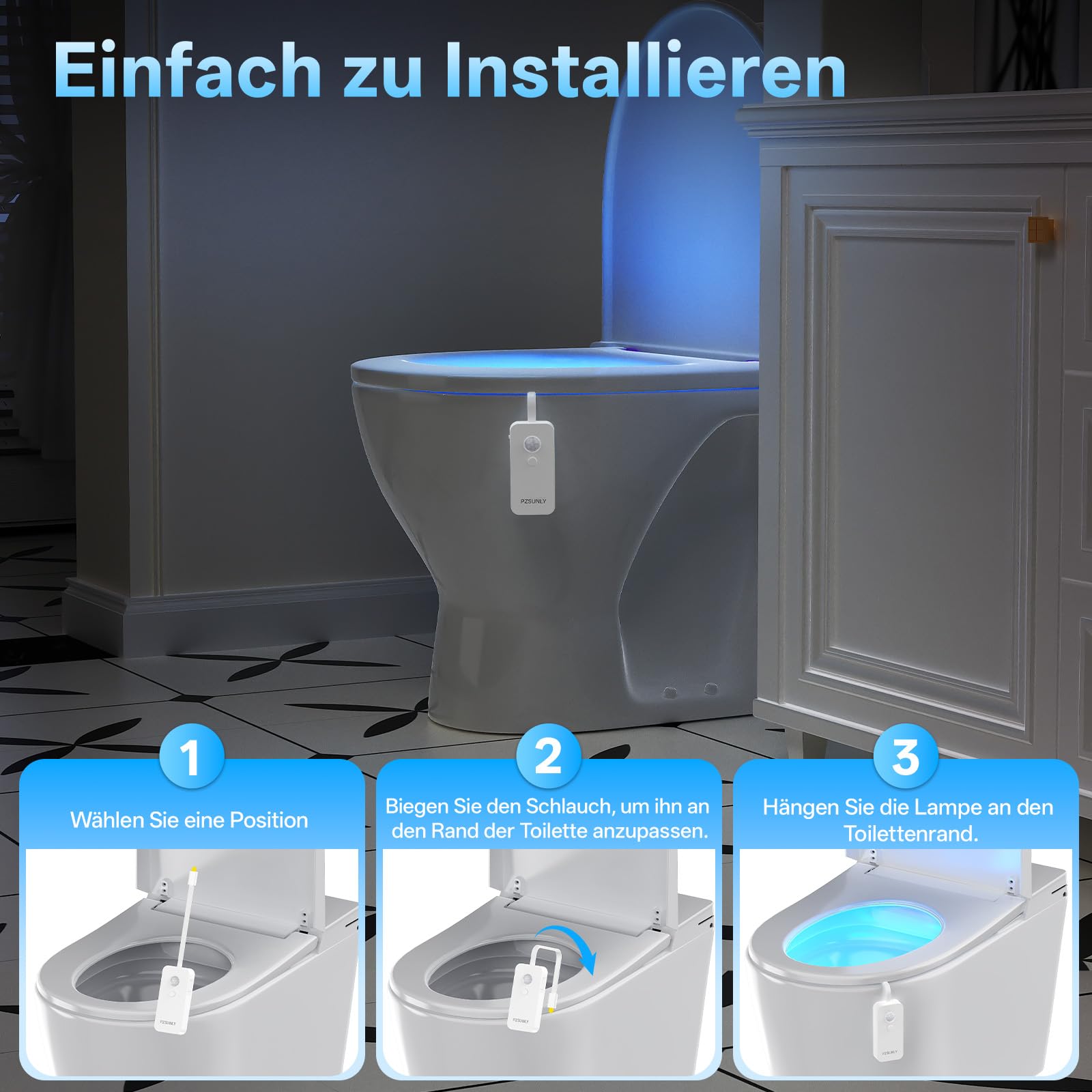 Led Toilettenlicht,IP65 wasserdicht,16 Farben, 2 Stück | Bewegungsmelder,USB-Aufladung, Aufhängbeleuchtung,RGB Farbe,500mAh,für Badezimmer/Toilette