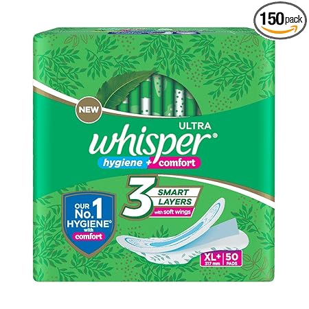 WHISPER ULTRA HYGIENE+COMFORT SANITARY PADS, 50 XL+ PADS, FOR HEAVY FLOW, LONG LASTING PROTECTION, LOCKS ODOUR & WETNESS, DRY TOP SHEET, DISPOSABLE WRAPPER