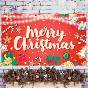 Large Merry Christmas Banner Decorations Flag Outdoor Party Supplies Yard Banner Background 72 x 44 Inches Red Merry Christmas, 72 x 44