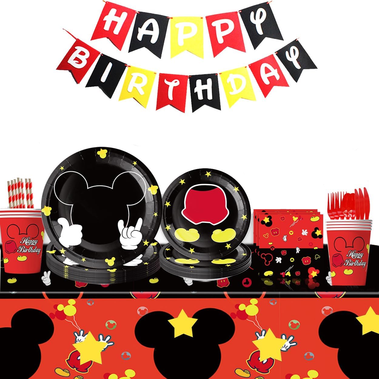 91Pcs Mouse Party Supplies Tableware Set Cartoon Theme Birthday Decorations | Red mouse Birthday Party Paper Plates Napkins Tablecloth Straws Cups Knives Spoon Forks Disposable