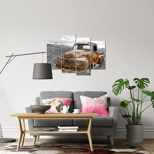 Miniatura 6 de Zlove Lienzo rústico de 4 paneles para pared, diseño vintage de camión viejo, cuadro de paisaje para casa de campo