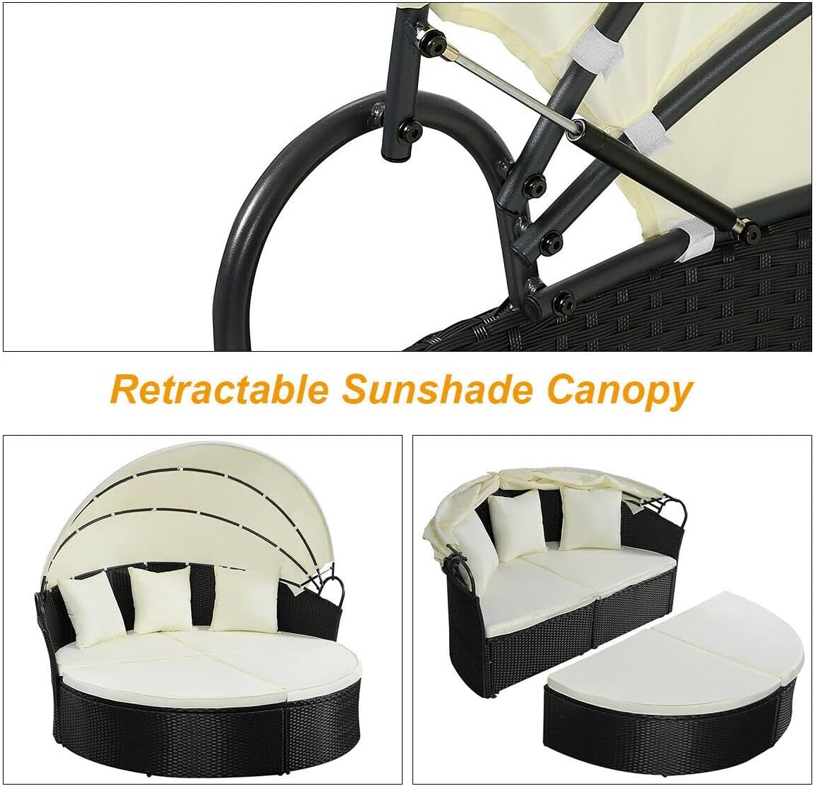 Outdoor Patio Sofa Furniture Round Retractable Canopy Daybed Black Wicker Rattan