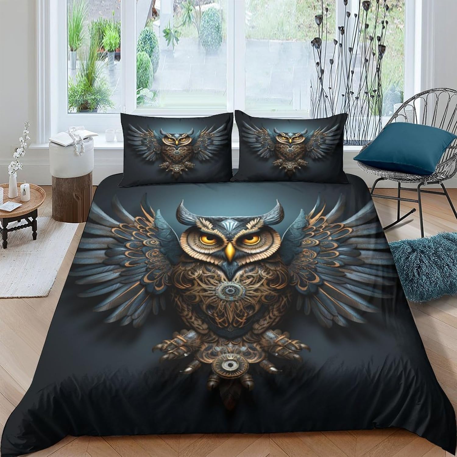Housse de couette 260x230 cm microfibres avec 2 taies d'oreiller motif chouette 3D pour lit ado