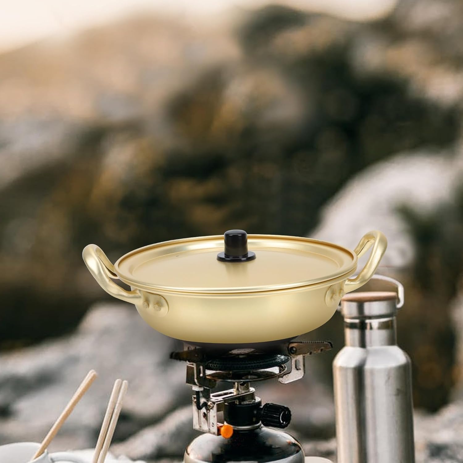 Golden Aluminum Alloy Ramen Pot Noodle Cooker with Lid, Double Handle