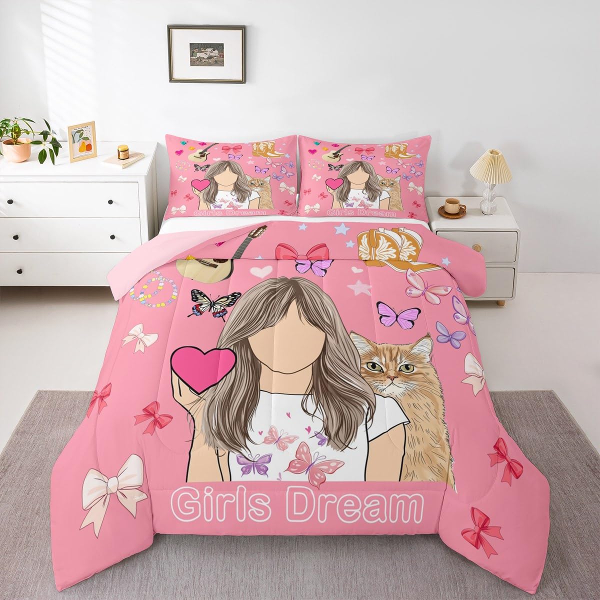 Erosebridal Pink Music Themed Queen Comforter Set,Disco Ball Guitar Bedding Set for Kids Girls Teens,Cowgirl Boot Quilt Bed Set Cute Bow Butterfly