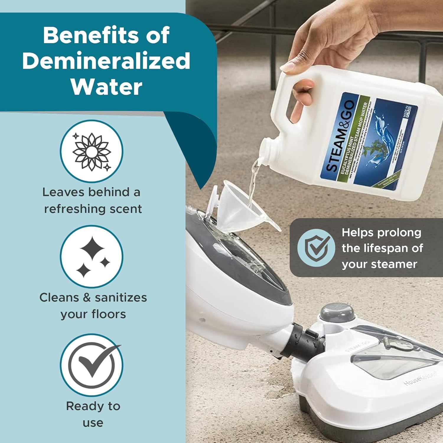 Steam and Go The Housekeeper 10-in-1 Steam Cleaner, Demineralized Water 32oz & Multi-Purpose Cleaner 32oz Bundle - Cleans Floors, Carpet, Upholstery & Surface - Eucalyptus Mint Scent - Odor Eliminator