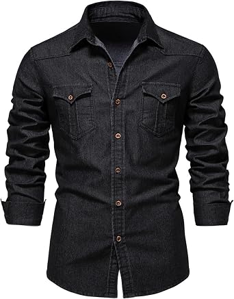 Mens Casual Button Down Denim Shirt Slim Fit Long Sleeve Lapel Jean Shirt Washed Denim Shirts with Chest Pockets