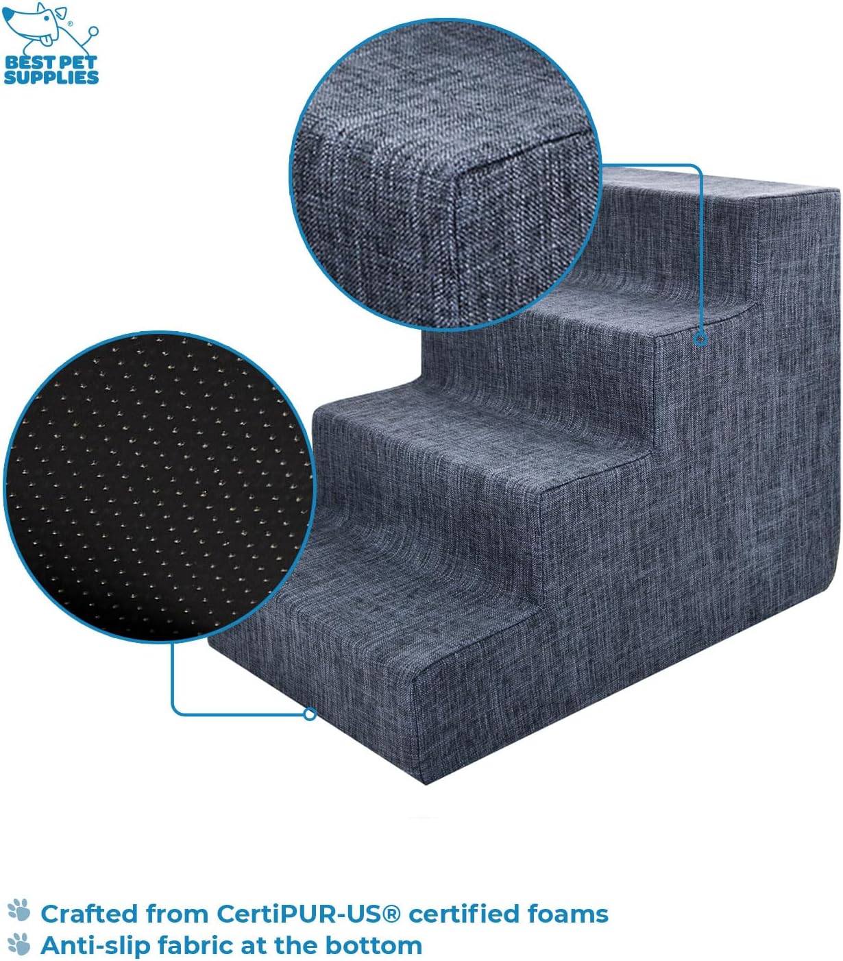 Dark Gray Linen 4-Step Foam Pet Stairs for Small Dogs and Cats