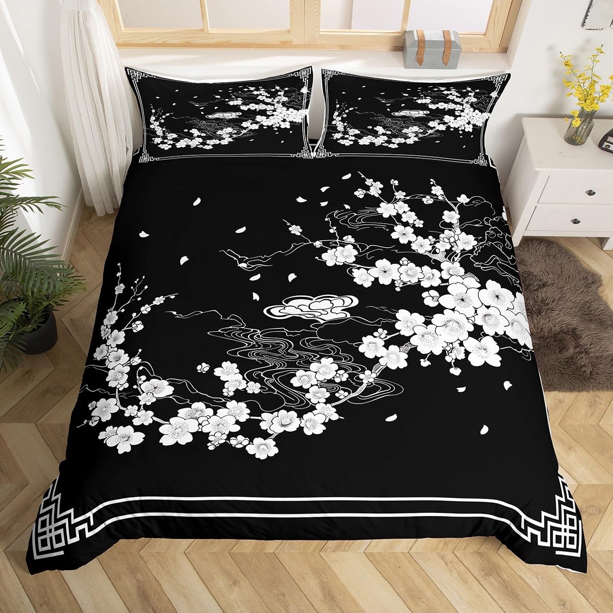 Homewish Japanese Style Duvet Cover for Kids Adults, Vintage Oriental Chinese Bedding Double Bed Set, Aesthetic Cherry Blossom Quilt Cover Black and White Floral Bed Sets with 2 Pillowcases