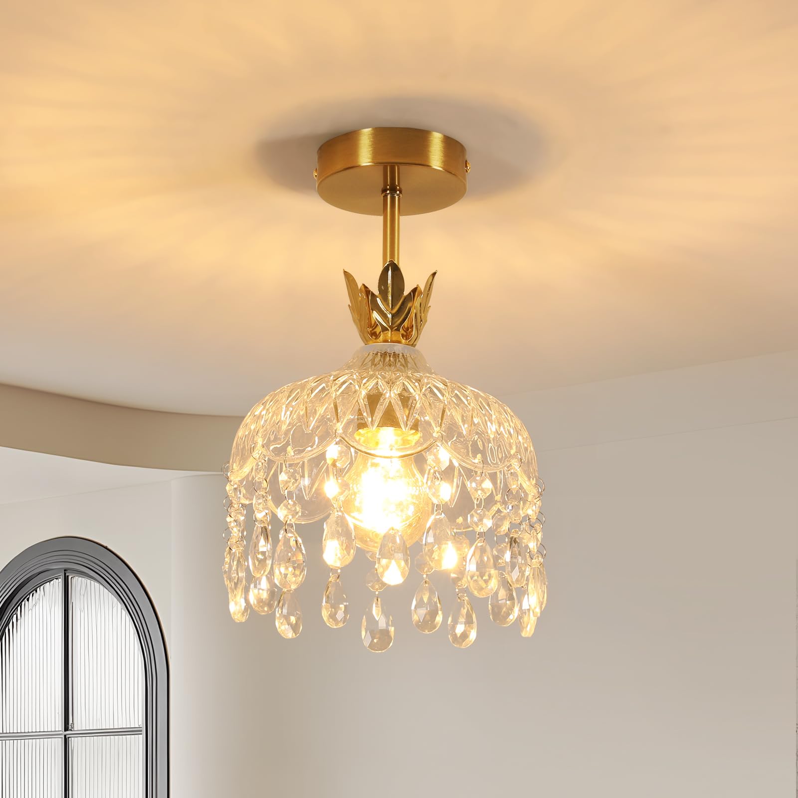 Comely Gold Crystal Ceiling Light, Modern Corridor Chandelier, E27, Crystal Ceiling Light for Entrance, Bedroom, Dining Room