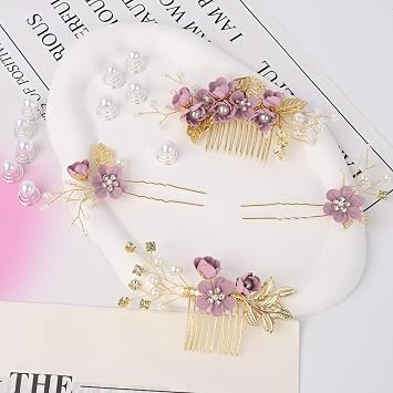 4Pcs Wedding Hair Accessories for Women, Classy Bridal Hair Pins Flower Bridesmaid Hair Accessories 10Pcs Spiral Pearl Hair Pins for Brides Bridesmaids Women Girls (Purple)