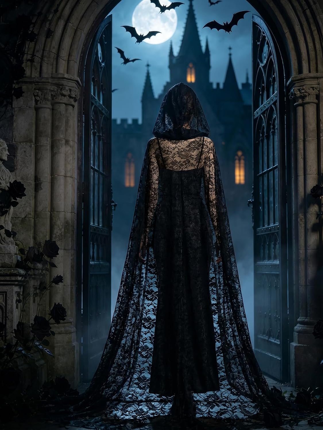 Long Black Lace Vampire Hooded Cape Gothic Witch Sheer Cloak