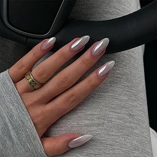 Chrome Press On Nails, Weiß Nägel zum Aufkleben Mittel Mandel, 30 Stück Classic Künstliche Fingernägel zum Aufkleben, Supremely Fit Fake Nails Wedding Birthday Täglich, Glossy Nail Art Frauen Mädchen