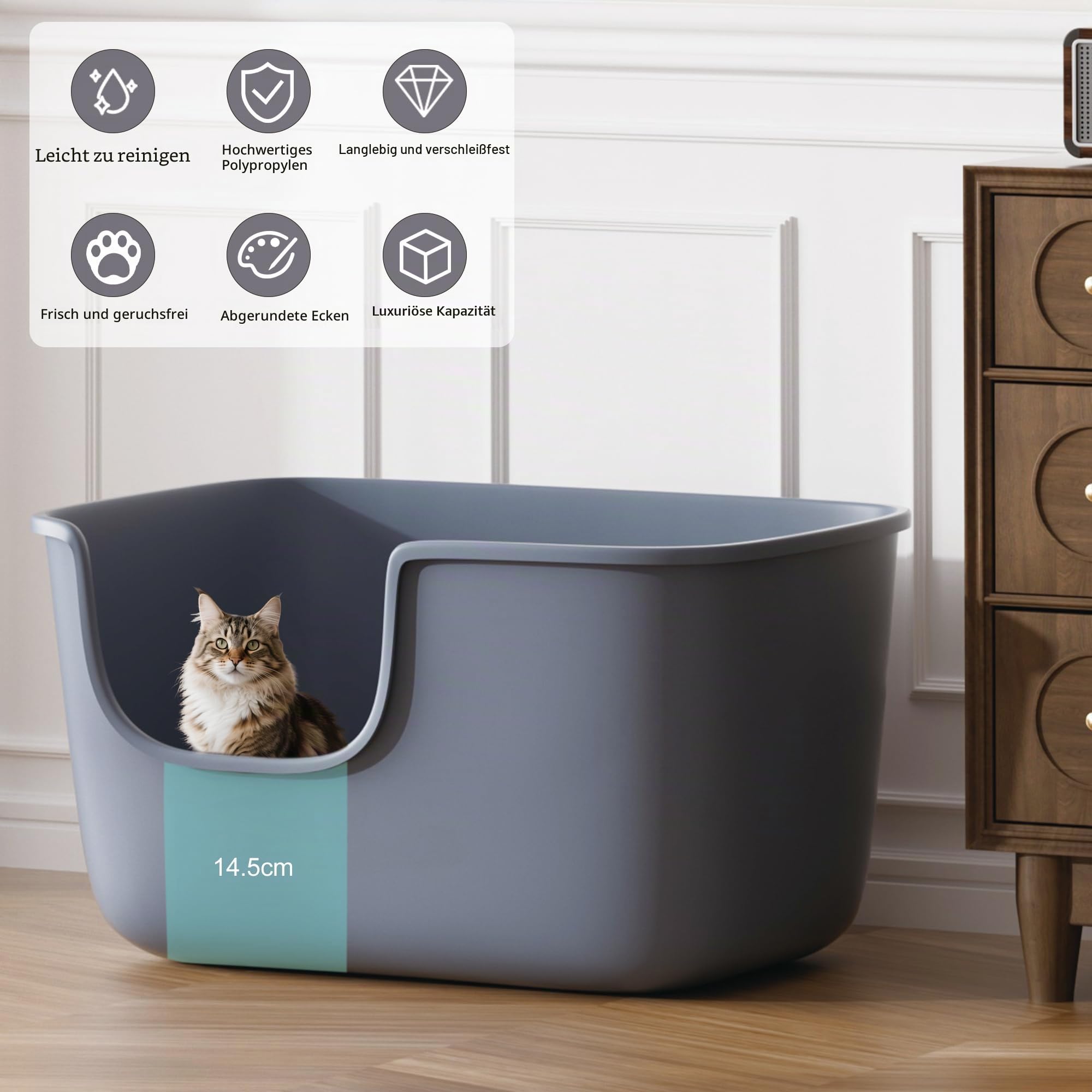 Vealind Große Katzenklo XXL Katzentoilette für Mehrkatzenhaushalte， 56L x 41W x 31H cm Offene Katzenklo，Keine Leckage Niedriger Eingang Katze Toilette