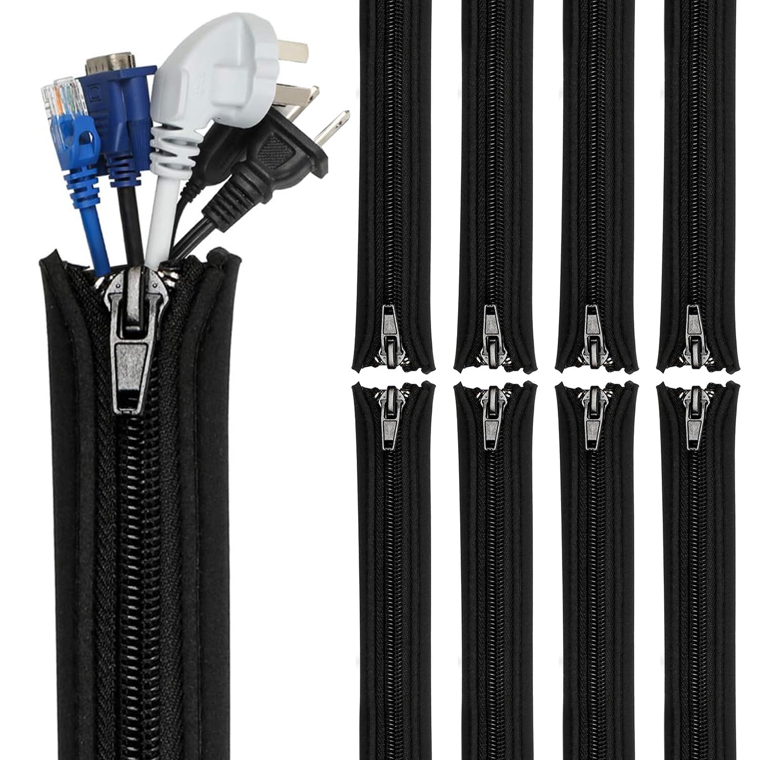 Teskyer 8 Pack Cable Tidy with Zipper, Cable Management Sleeves for TV Computer, Office, 15"/38cm Per Sleeve