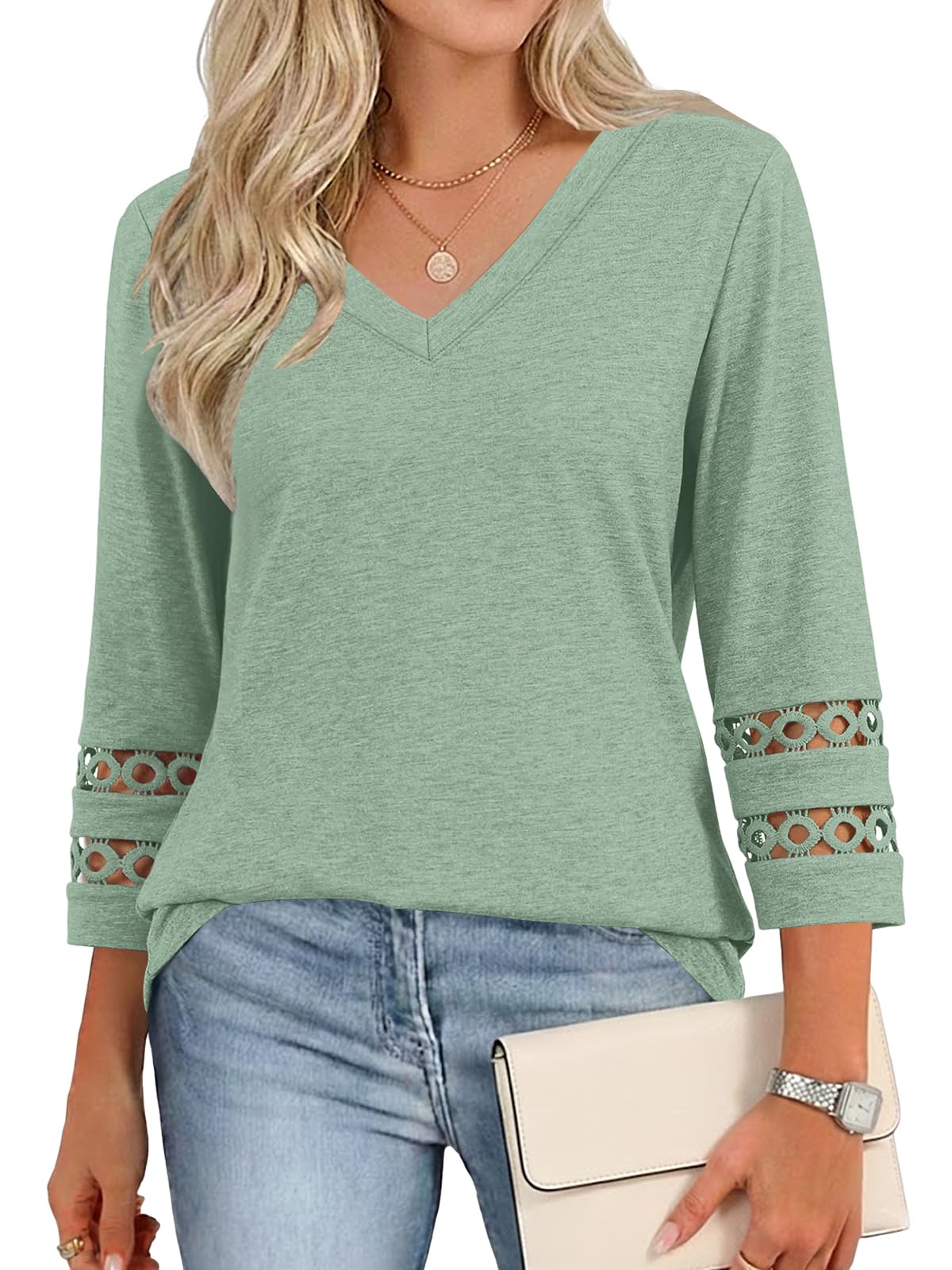Cuptacc Bluse Damen Sommer 3/4 Ärmel V Ausschnitt Tunika Elegant Blusenshirt Lässig Tshirt Sommer Outfit Hell Grün, XXL 50-54