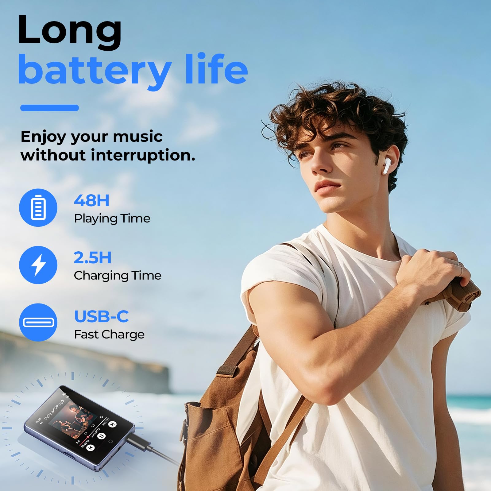 Odtwarzacz MP3 32 GB, Bluetooth 5.3, ekran dotykowy 2,8" | Metalowa obudowa i przenośna konstrukcja, głośnik, możliwość rozszerzenia do 128 GB, radio FM, nagrywanie głosu, budzik
