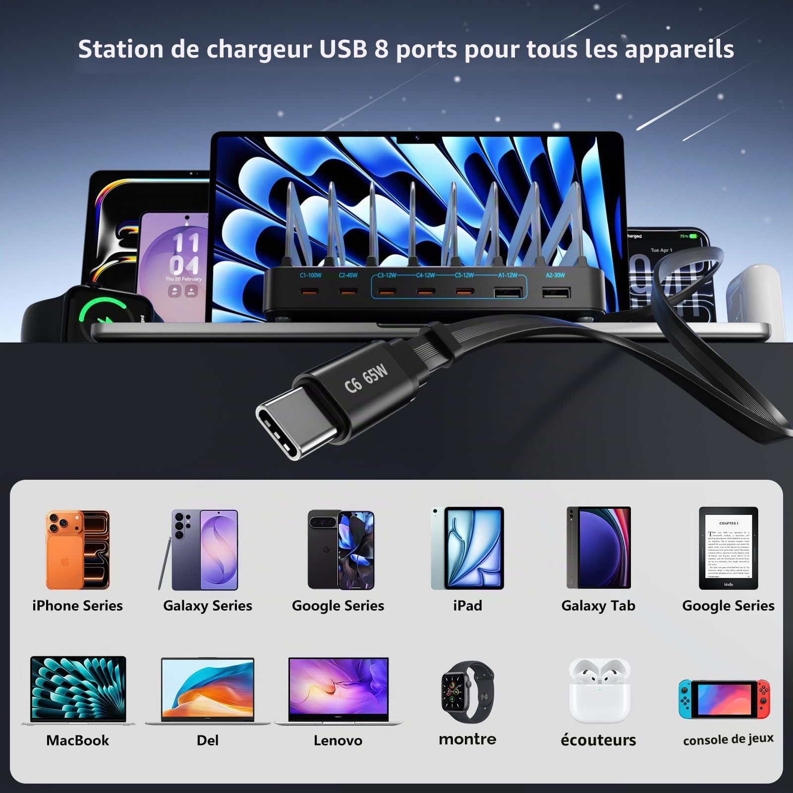Station de Recharge USB 288W pour Plusieurs appareils, GaN PD 100W, 8 Ports USB-C, avec séparateurs réglables et 8 câbles, pour iPhone, iPad, Samsung, MacBook Pro/Air, Tablettes
