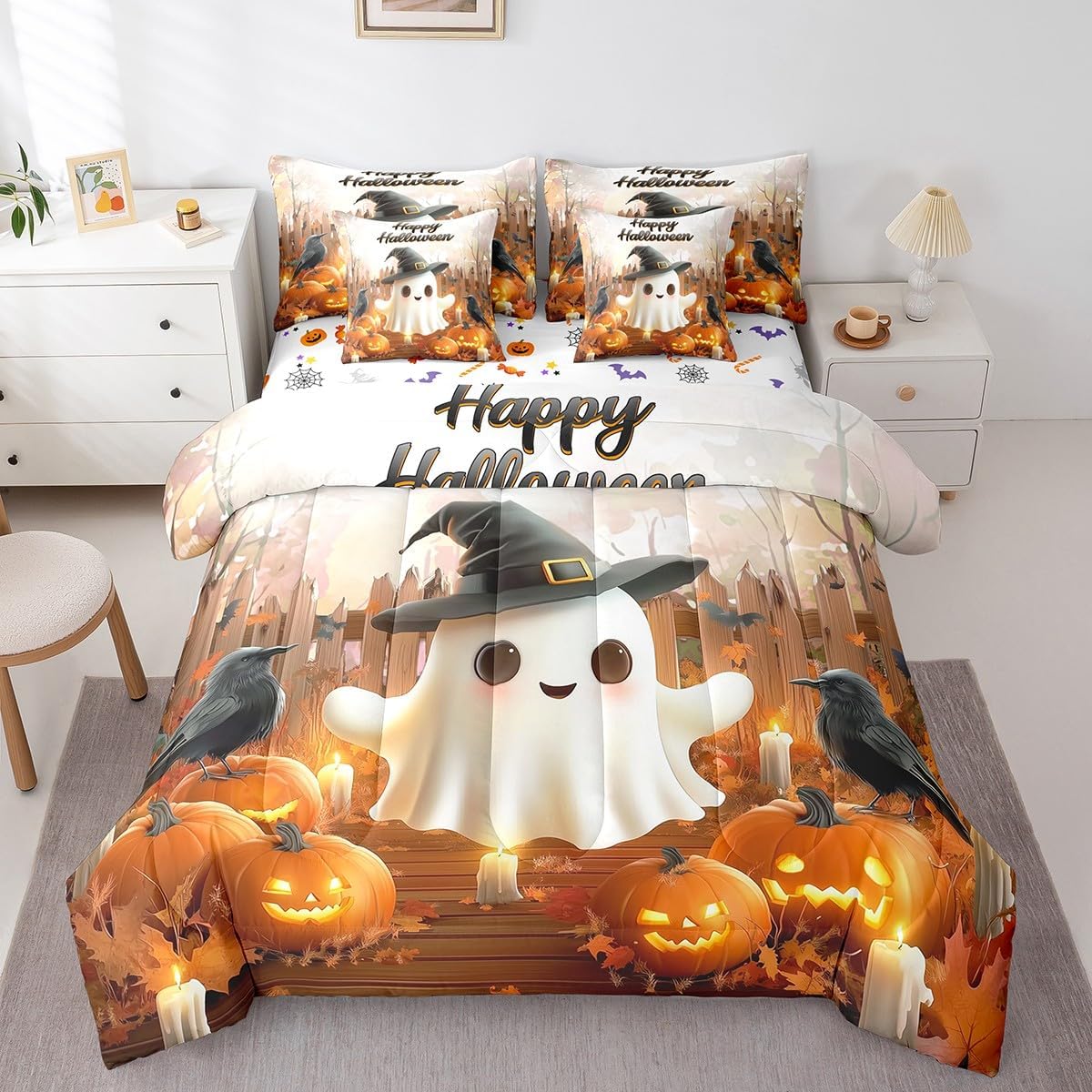 Halloween Ghost Bed In A Bag Queen Comforter Set 7 Piece, Pumpkin Lantern Bedding Sets For Kids Teens Adult Women Bedroom Decor, Gothic Spooky Crow Sheet Set With Comforter Raven Birds Spooky Bed Set