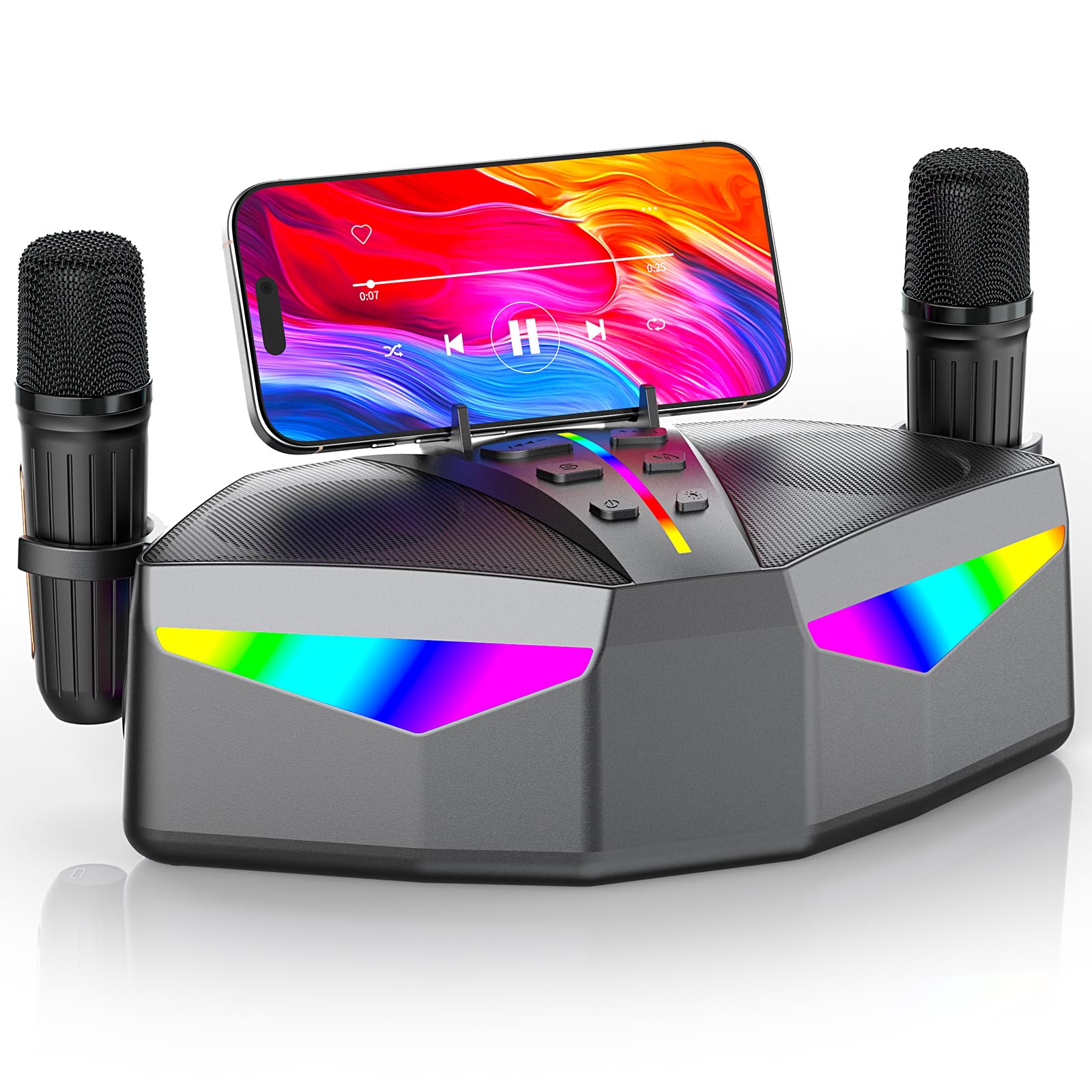Karaoké Haut-Parleur Portable 35W Réel, Autonomie de 8 Heures, 2 Microphones sans Fil Rechargeables, LED, Machine de Karaoké pour Adultes et Enfants, (CHJ161-Silvergray)