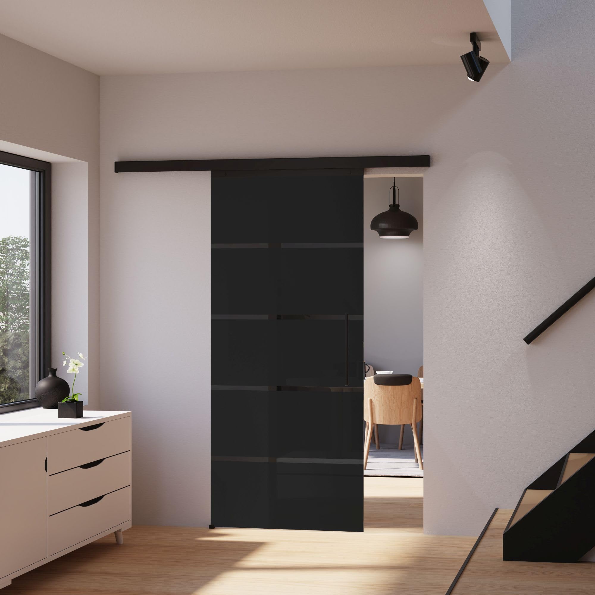 inova Glasschiebetür Komplettset schwarz Blockstreifen grau satiniert 900x2035mm Aluschiene inkl. Softclose 2-seitig