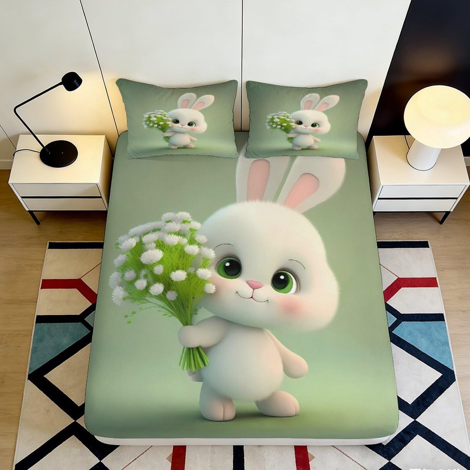 Tjiqhvmrn Style-5 3D Printed Cute Bunny Fitted Sheet Microfiber Deep Pocket Non-Slip Bedroom Bedding Cute Bunny Mattress Fitted Cover Washable For Adults Teens 90X200x25cm