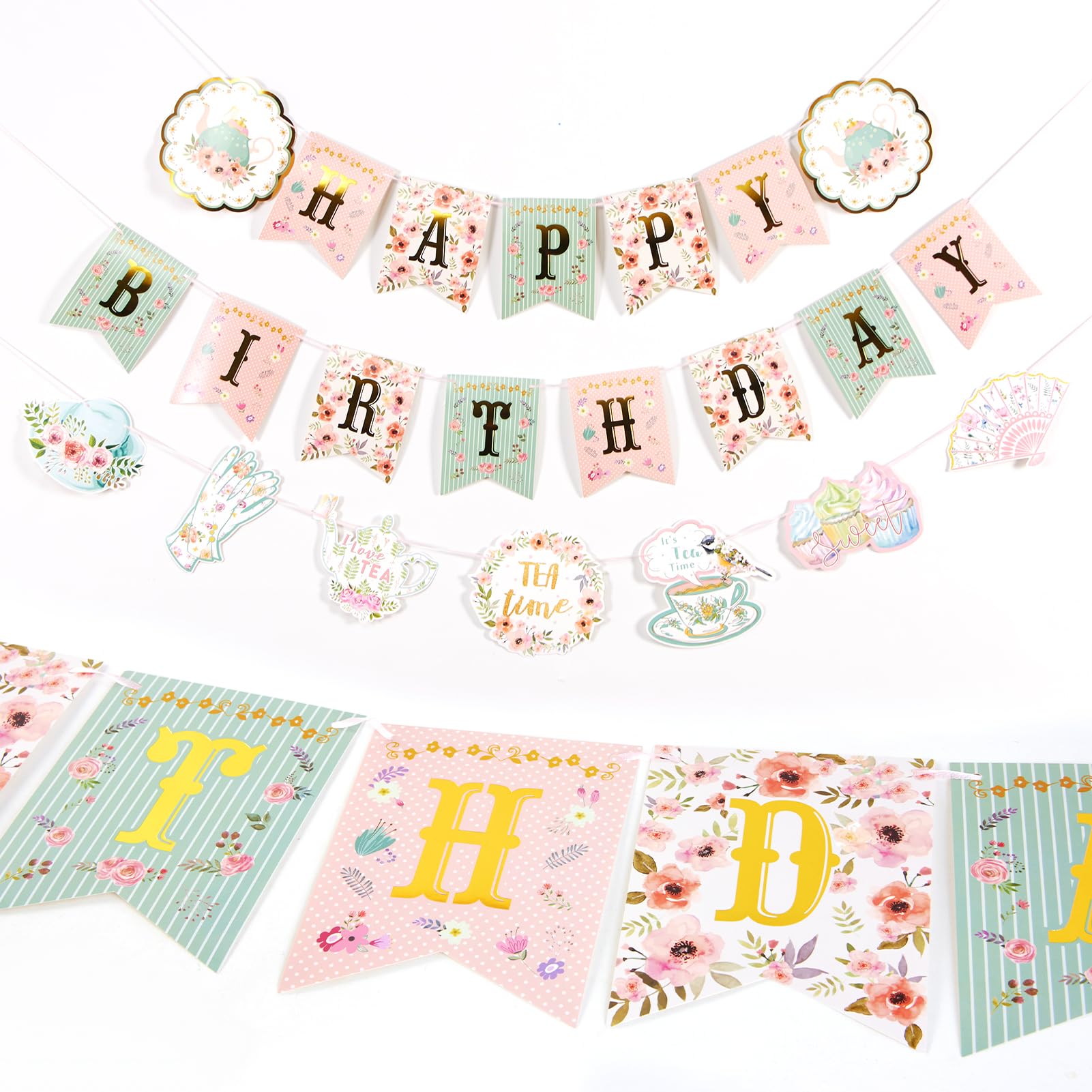 SUNBEAUTY Floral Tea Party Birthday Decorations Tea Happy Birthday Banner Floral Garland Birthday Hanging Banner for Baby Bridal Shower Spring Garden Tea Party Decorations | Pre-Strung