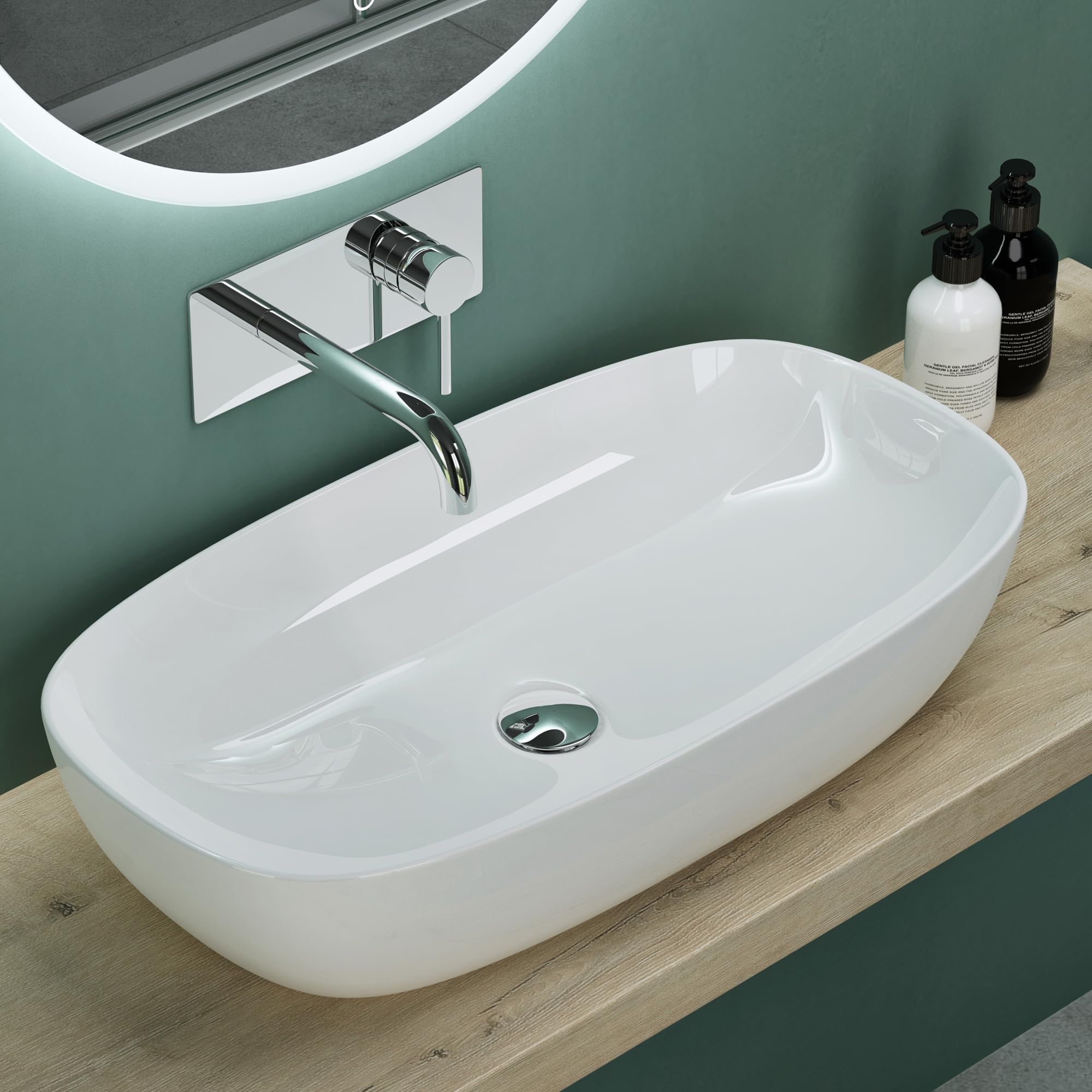 Mai & Mai Lavabo da Appoggio 70x37x13,5cm, Lavandino Bagno in Ceramica con Nano Rivestimenti inclusi, Bianco, Brüssel104