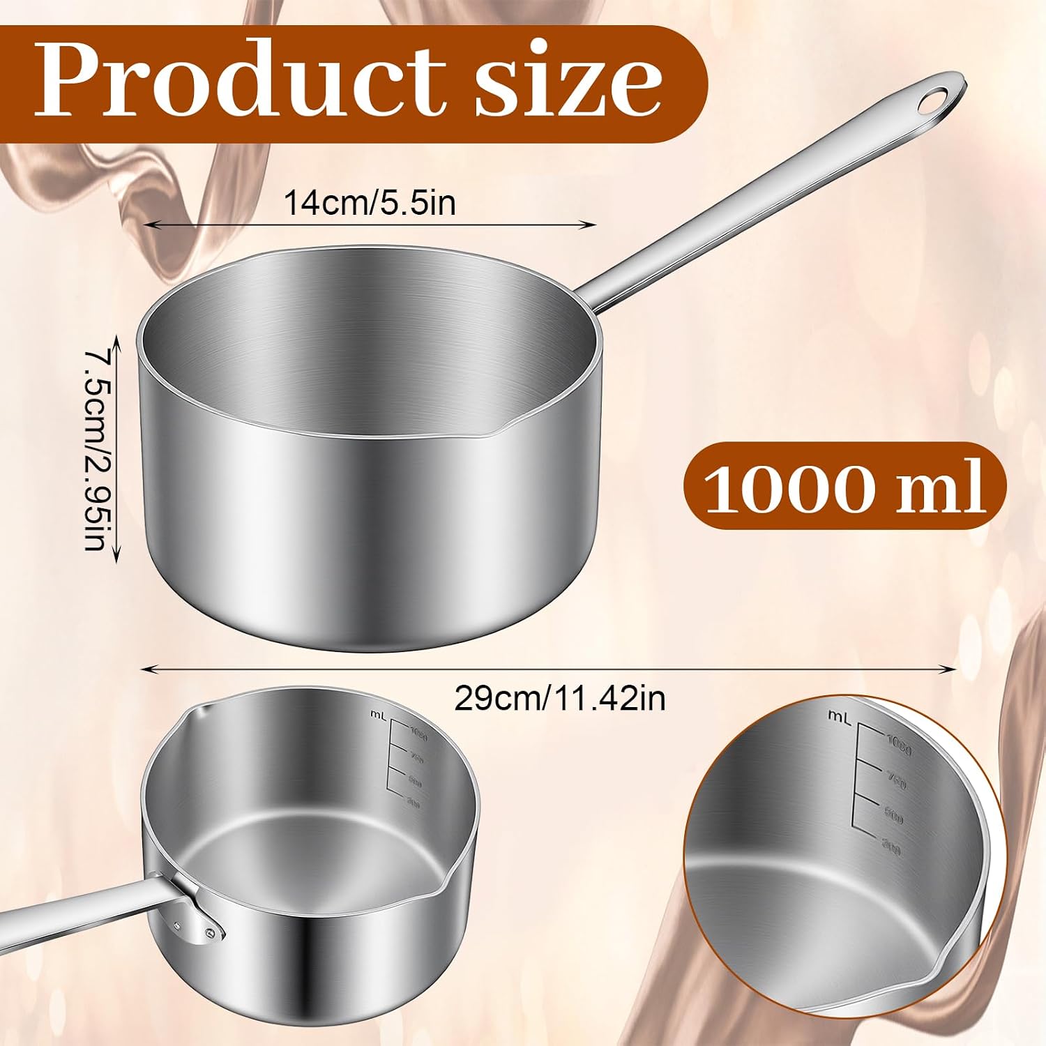 Afgongw 35OZ/1.06-Quart （1000ml）18/10 Stainless Steel Butter Warmer Pot, Measuring Saucepan with Dual Pour Spout Butter Melting Pot,Heavy Bottom Sauce Pan for Stove Top, Soup, Chocolate