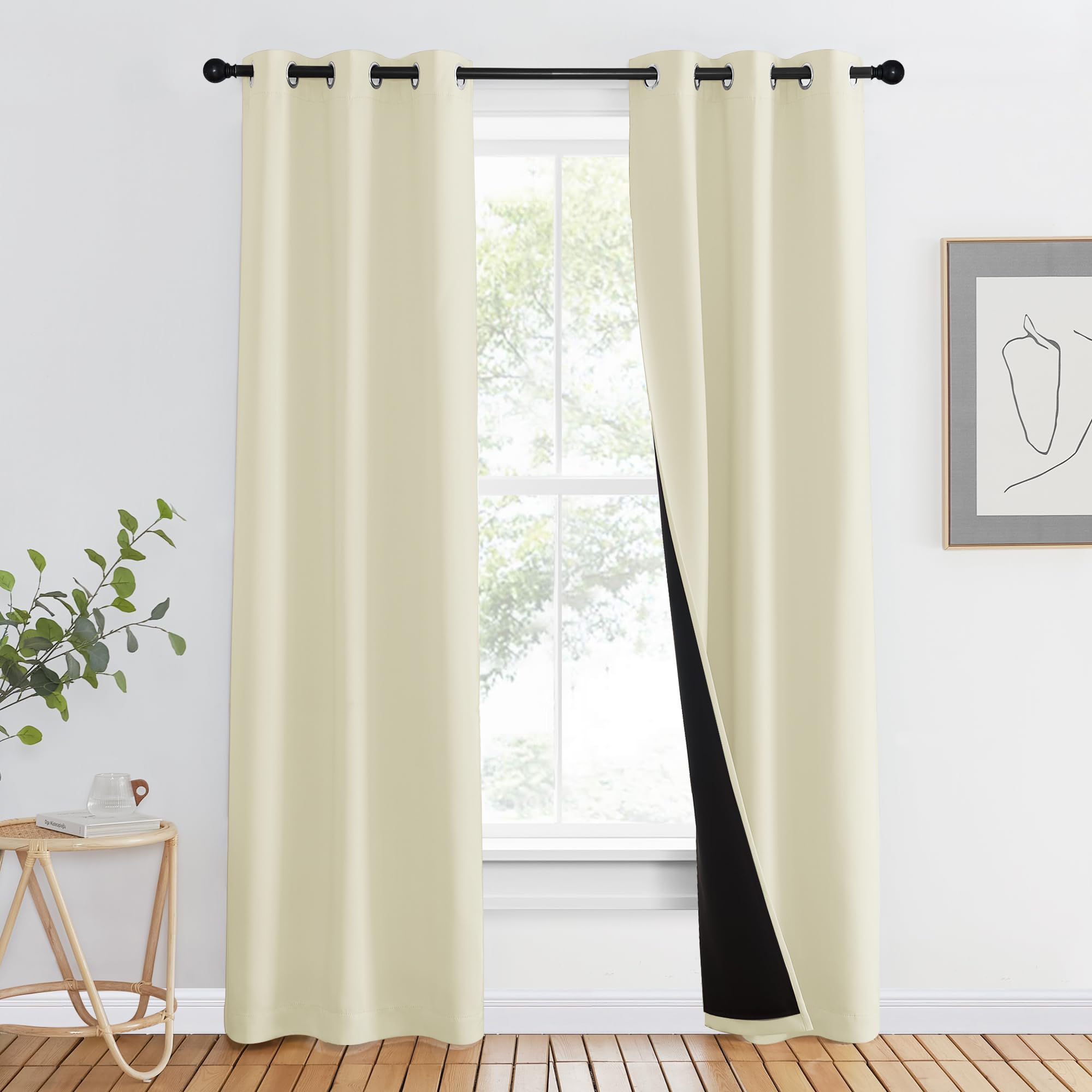 NICETOWN Living Room Completely Shaded Draperies, Privacy Protection &amp; Noise Reducing Ring Top Drapes, Black Lined Insulated Window Treatment Curtain Panels (Beige, 2 Pieces, W37 x L80)