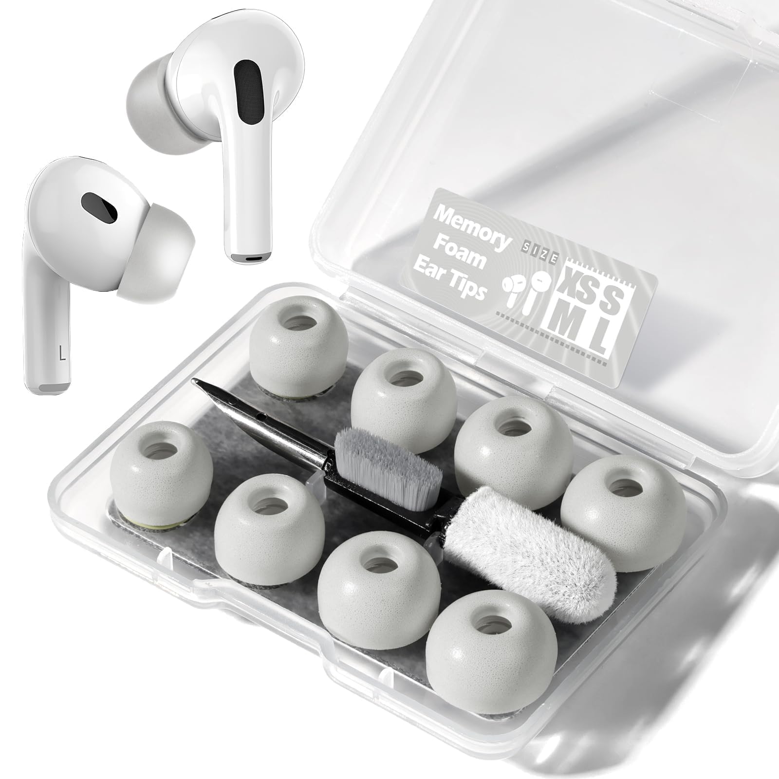YOKRWO 4 Pair Memory Foam Ear Tips for AirPods Pro 2nd/1st Generation with Portable Storage Box and Cleaning Pen, No Silicone Eartips Pain, Better Noise Cancellation, Replacement Buds,White-image-45