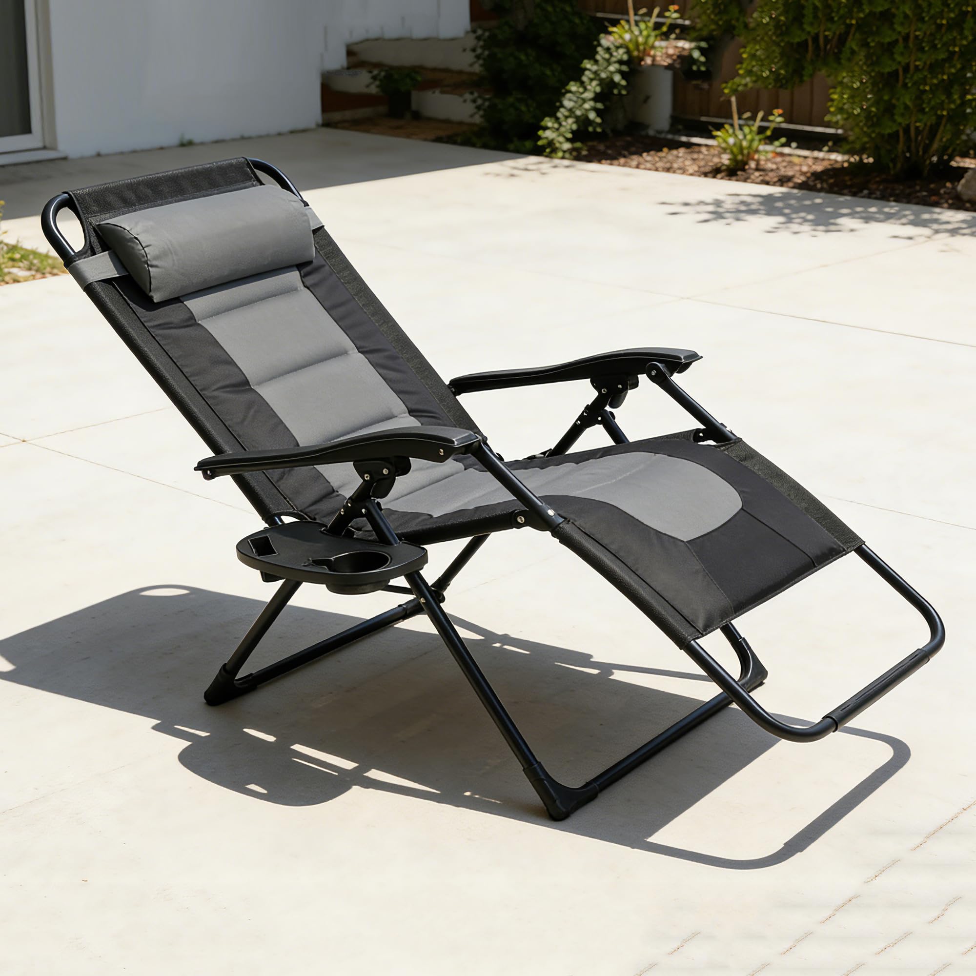 Sdraio da Giardino, Sedia Pieghevole Gravità Zero da Esterno con Portabicchieri e Poggiatesta Regolabile, Sdraio Lettino Prendisole, Poltrona Relax Reclinabile per Terrazzo Patio Balcone,grigio