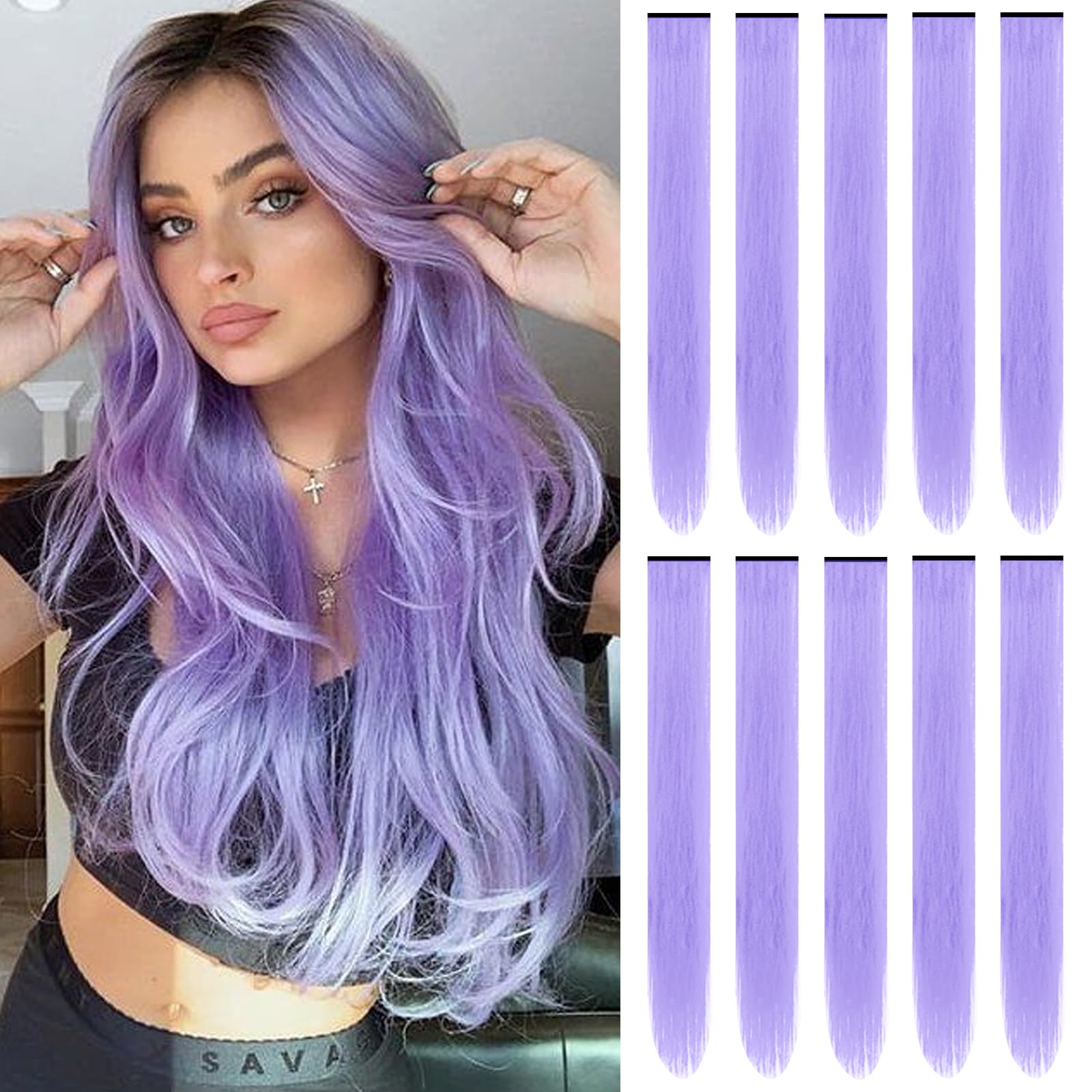 22 inch Colored Hair Extensions, Colorful Party Highlights Clip in Long Straight Synthetic Hair Extensions, Color Party Highlights Hairpieces for Girls Women(10 PCS Light Purple)
